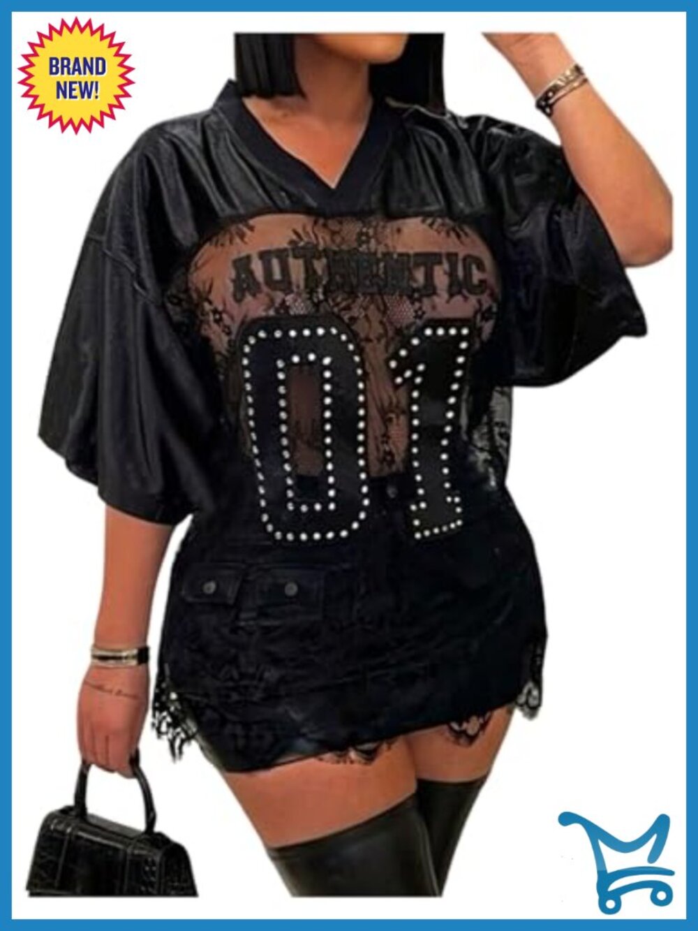 Women's Lace Jersey Sheer Number Graphic V Neck Half Sleeve Y2k Top
